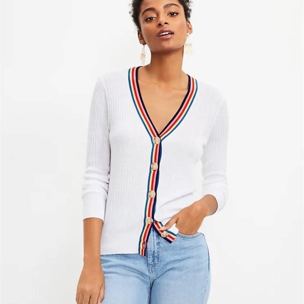 NEW Loft Womens Large White Rainbow Trim Ribbed Cardigan Light Sweater Preppy